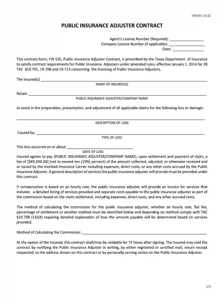 PUBLIC INSURANCE ADJUSTER CONTRACT Preview on Page 1