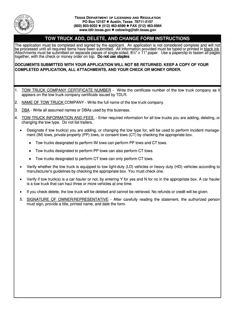 TOW005 Tow Truck Add, Delete, and Change Form pub Preview on Page 1