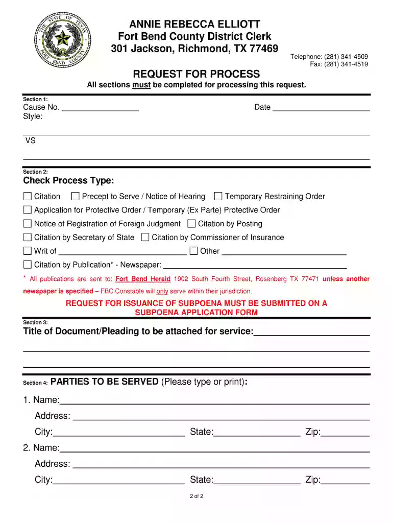 Texas Request for Process Preview on Page 1