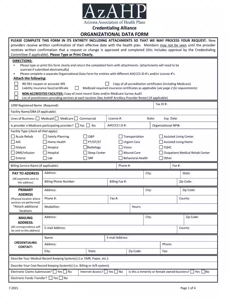 azahp organizational data form Preview on Page 1