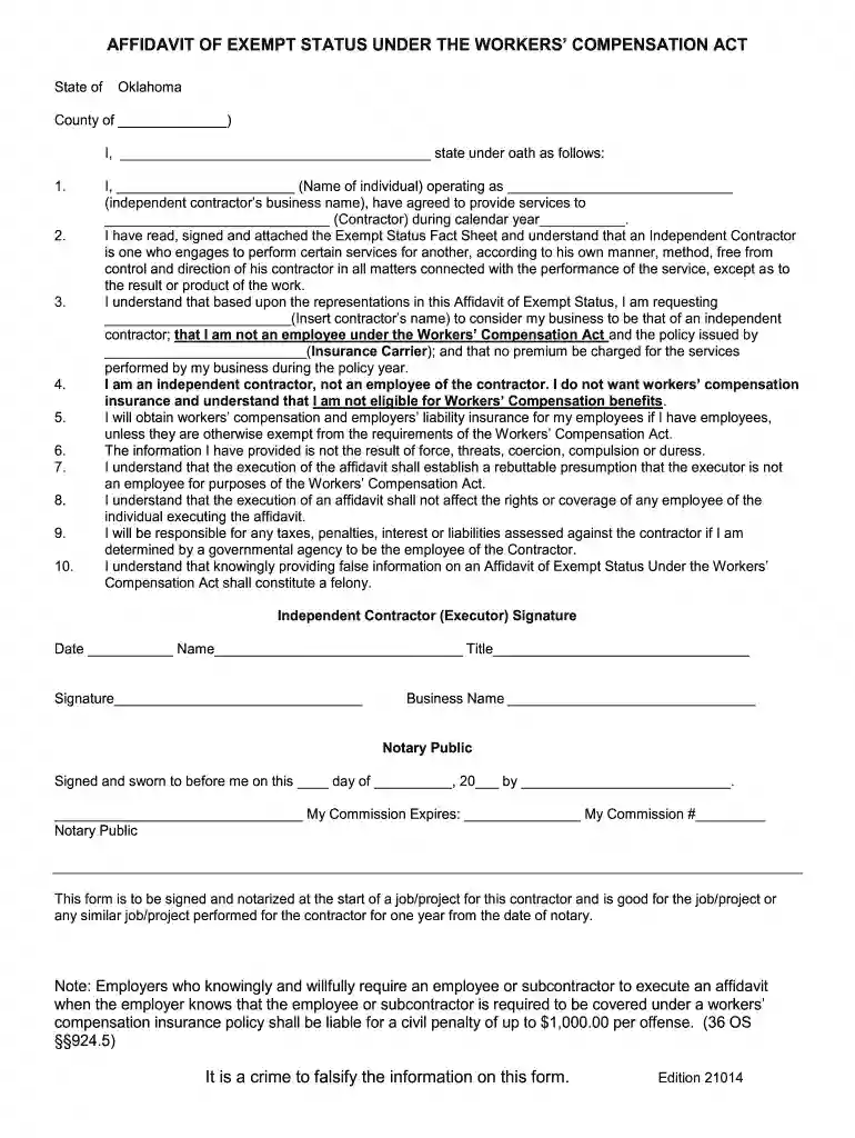 ok workers comp exemption form Preview on Page 1