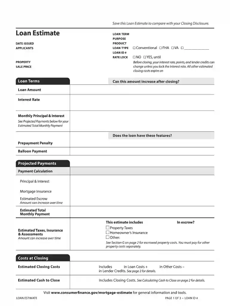 loan estimate form Preview on Page 1