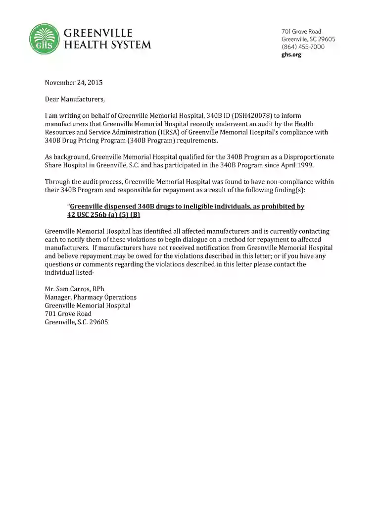 Greenville Health Systems Public Letter - hrsa Preview on Page 1