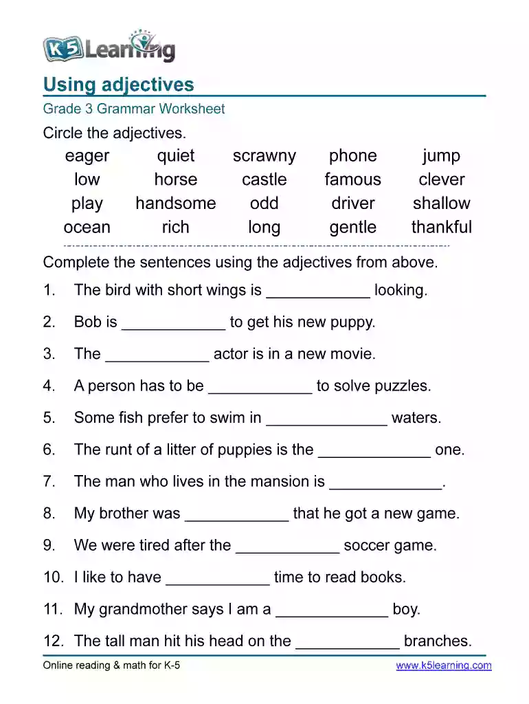 adjectives worksheets for grade 3 Preview on Page 1