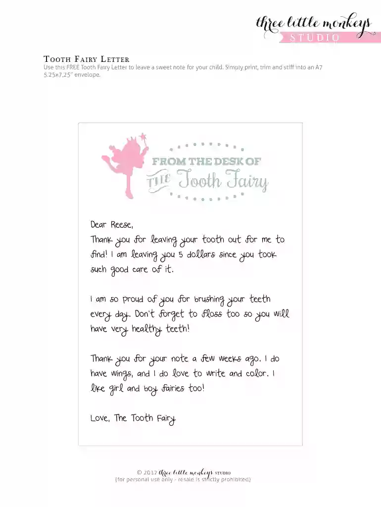 free printable tooth fairy letter pdf Preview on Page 1