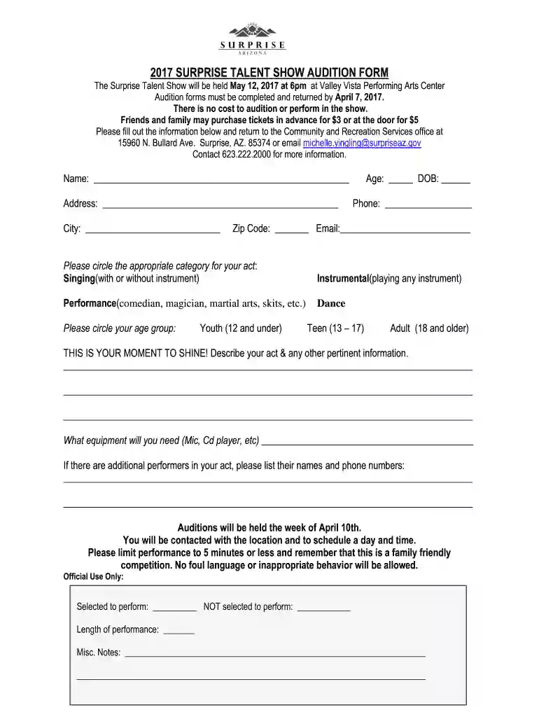 2017 Surprise Talent Show Audition Form Preview on Page 1