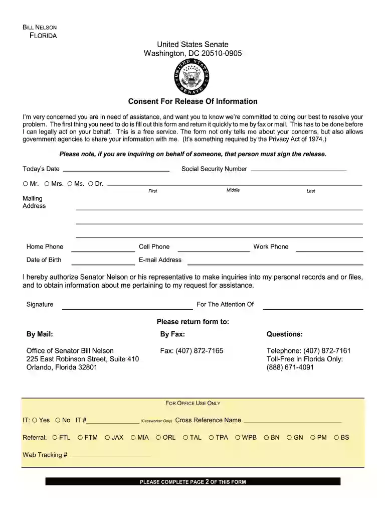 Consent for release of information form - billnelson senate Preview on Page 1