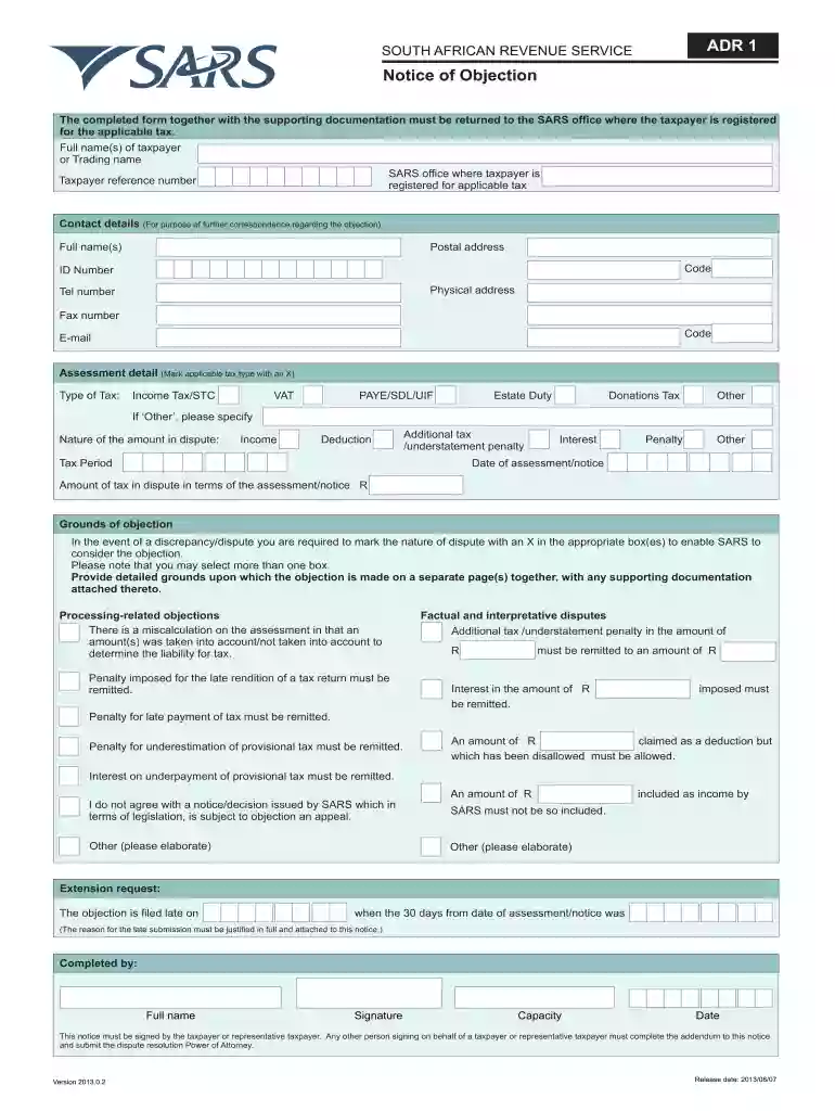 sars objection form Preview on Page 1