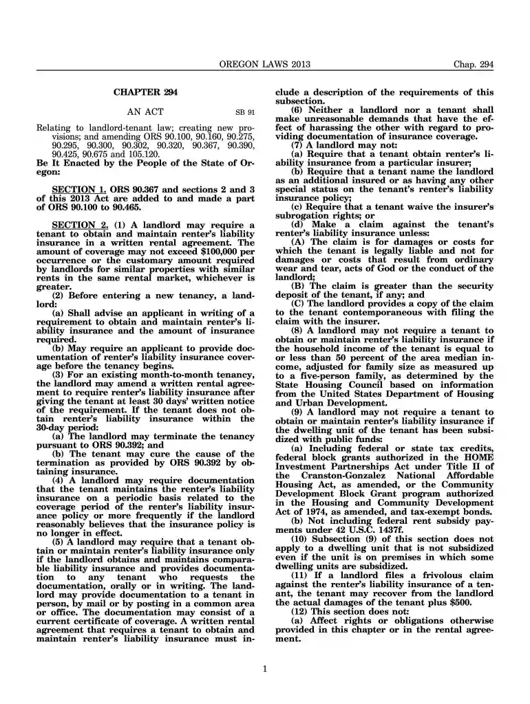 OREGON LAWS 2013 Chap 294 CHAPTER 294 AN ACT Relating Preview on Page 1