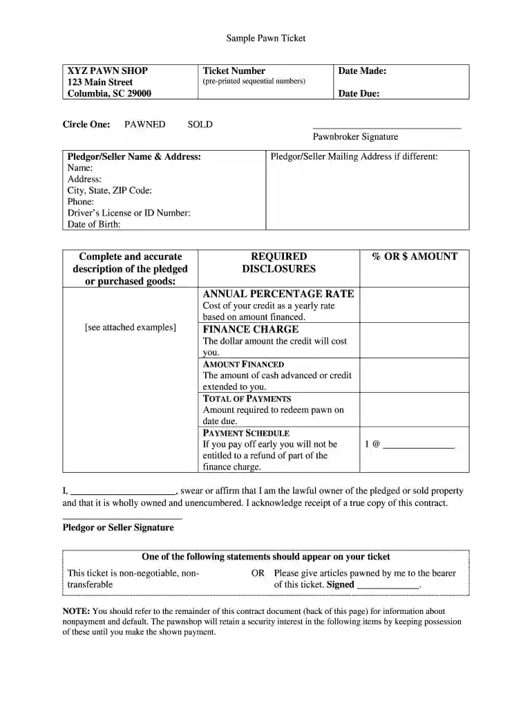 pawn shop ticket example Preview on Page 1