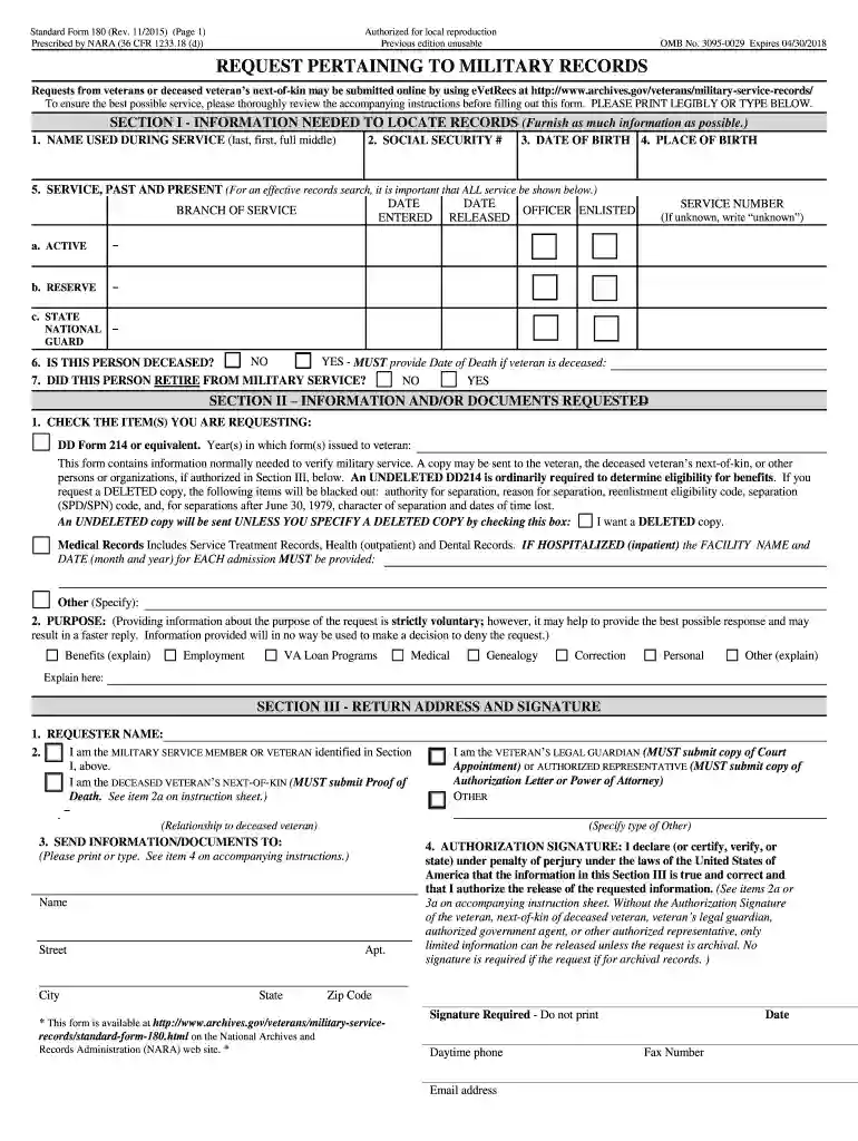 form sf 180 Preview on Page 1