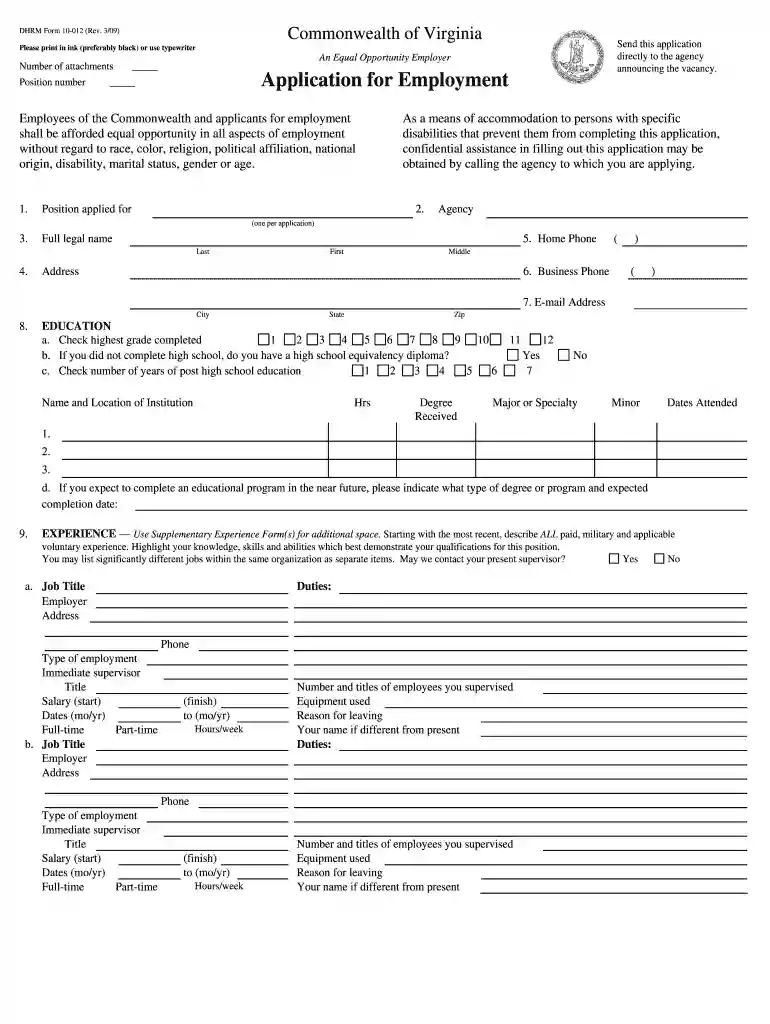 va emplyment form 10 012 Preview on Page 1