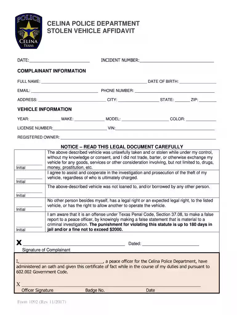 STOLEN VEHICLE AFFIDAVIT Preview on Page 1