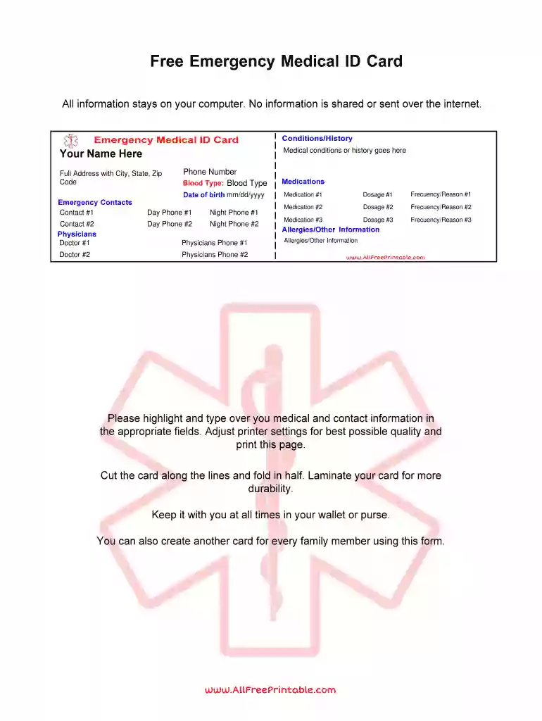 Emergency Medical ID Card Preview on Page 1