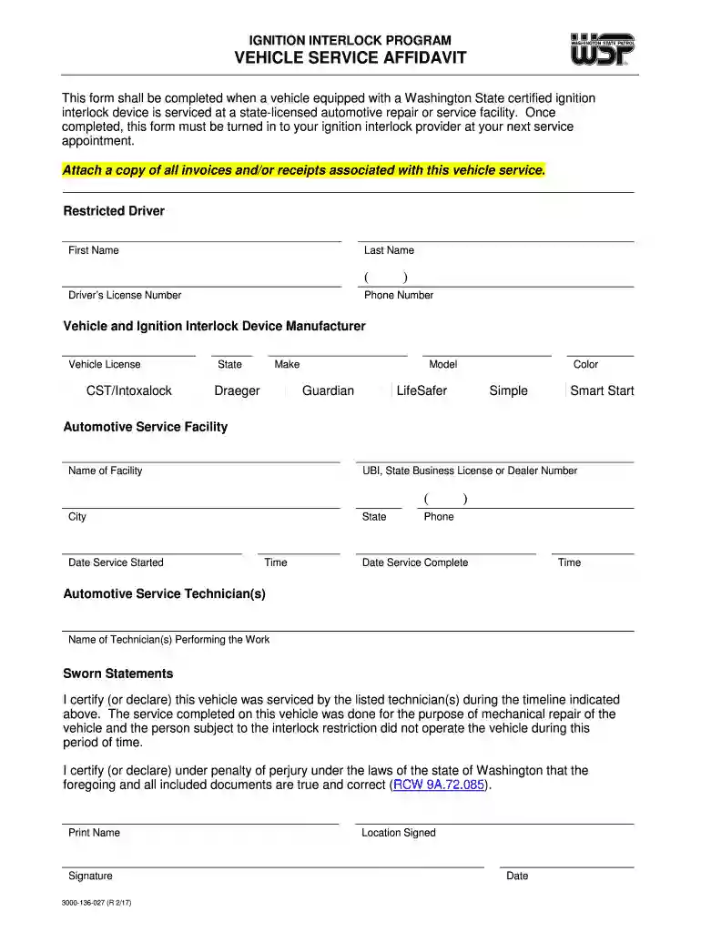 VEHICLE SERVICE AFFIDAVIT Preview on Page 1
