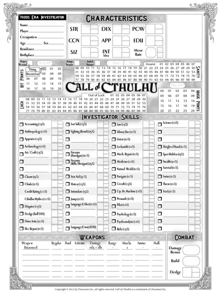 call of cthulhu character sheet Preview on Page 1