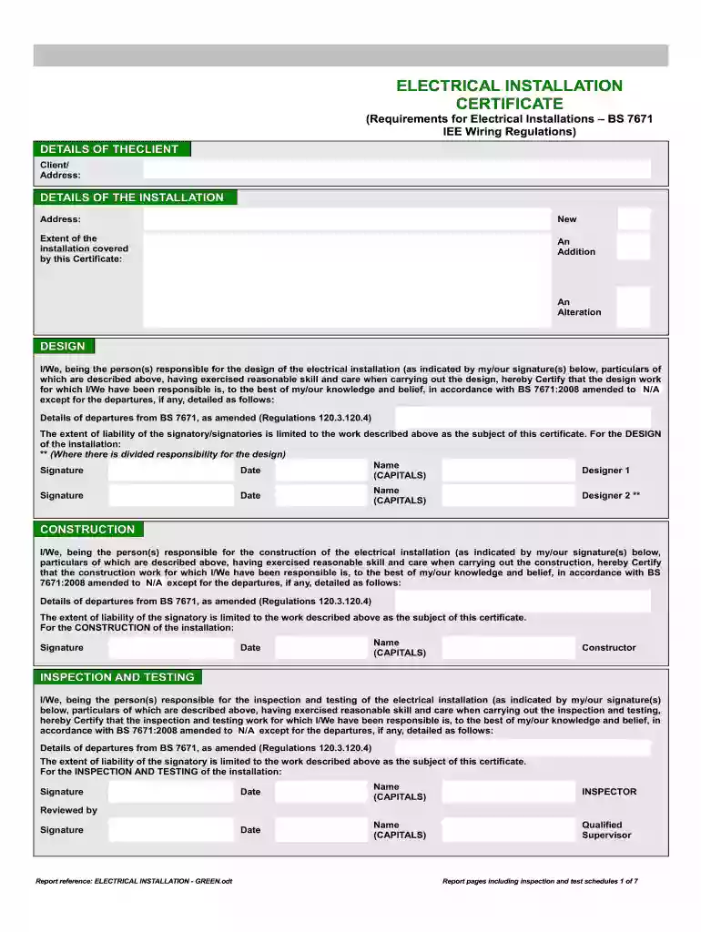 electrical installation certificate form Preview on Page 1