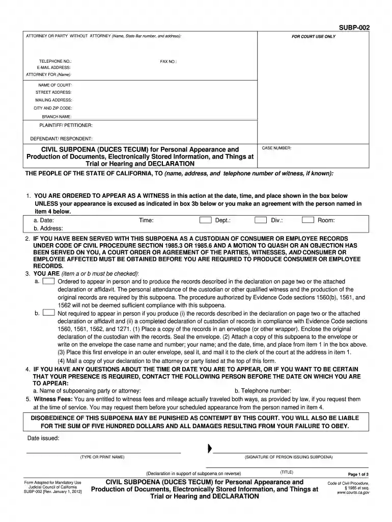subpoena ca Preview on Page 1