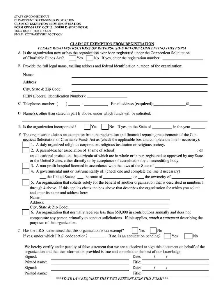 Connecticut Claim of Exemption from Registration Preview on Page 1