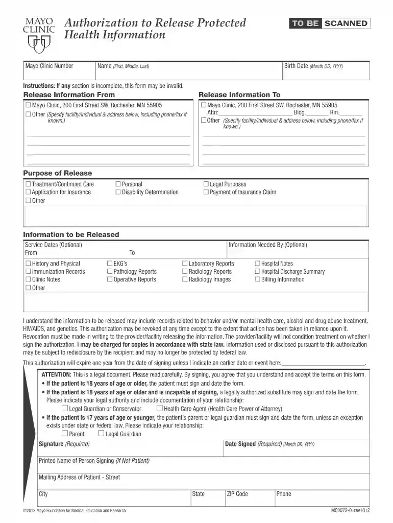 mayo clinic release of information form Preview on Page 1