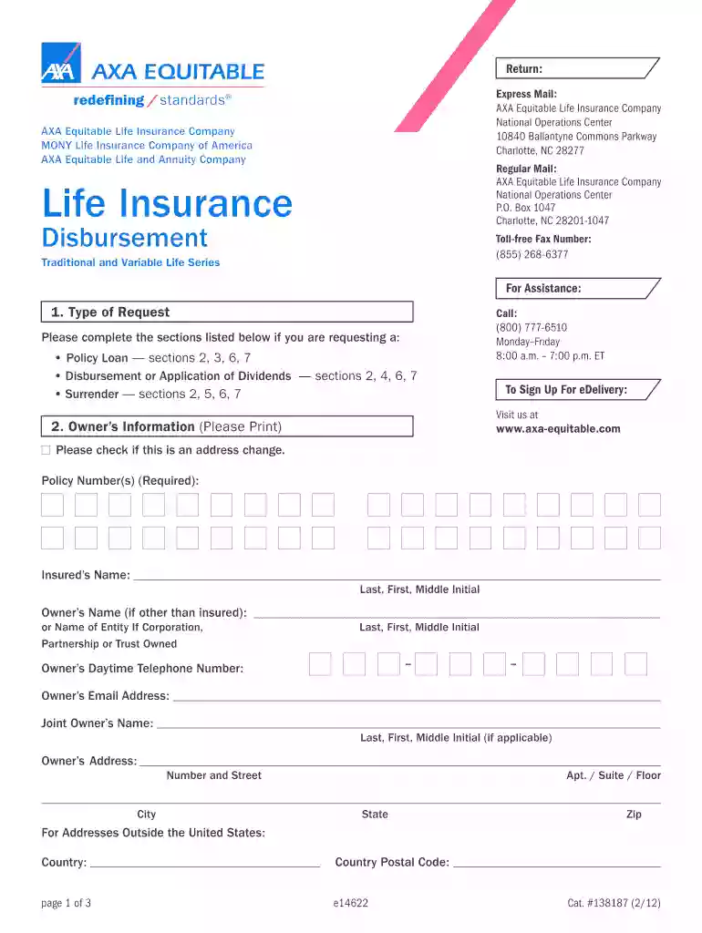 Axa fillable form life Preview on Page 1