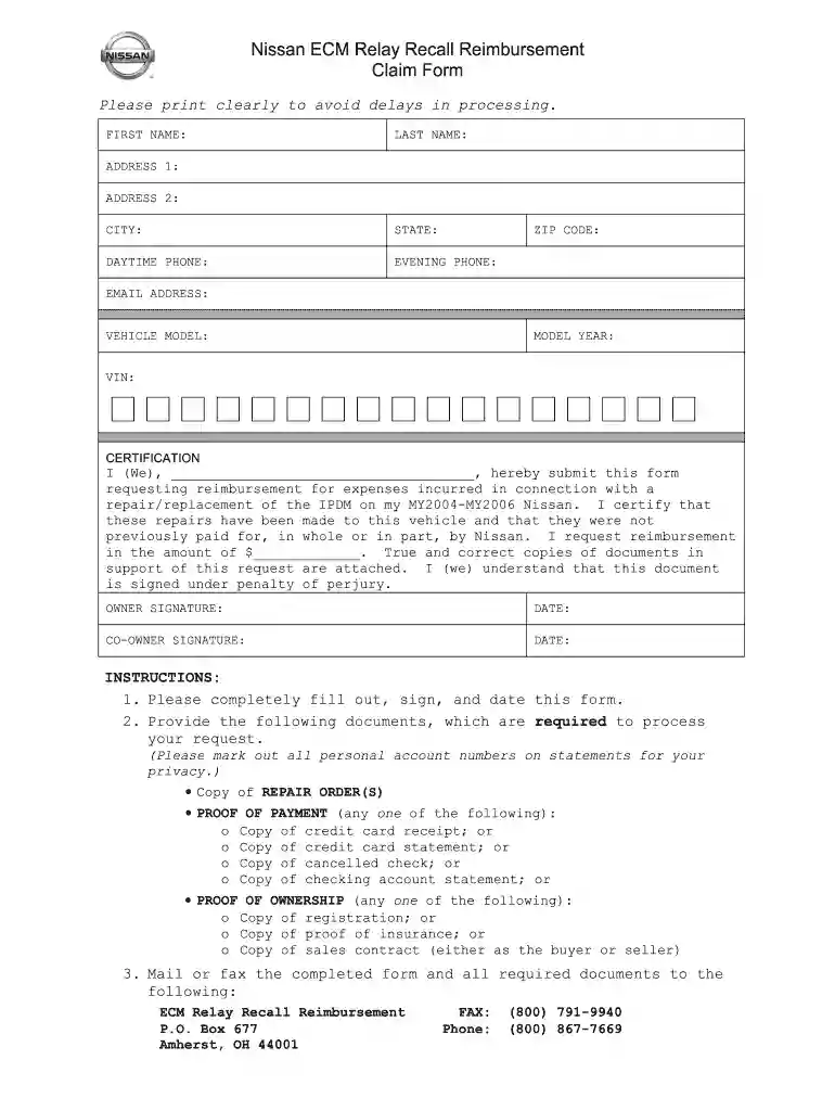 nissan reimbursement claim Preview on Page 1