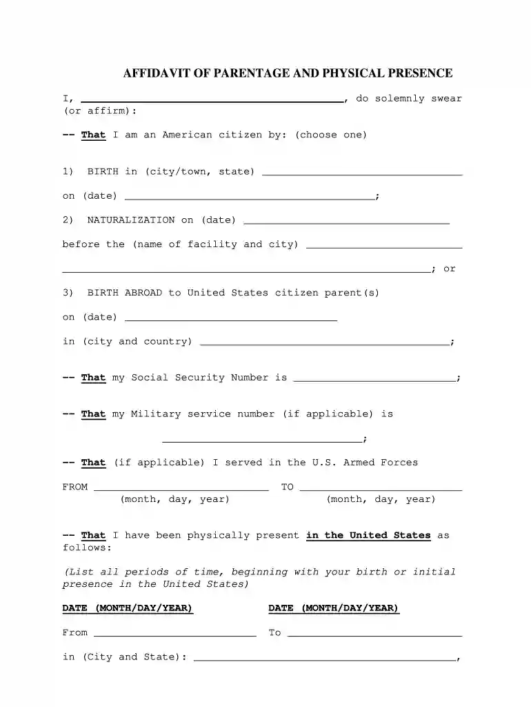 affidavit of physical presence sample Preview on Page 1