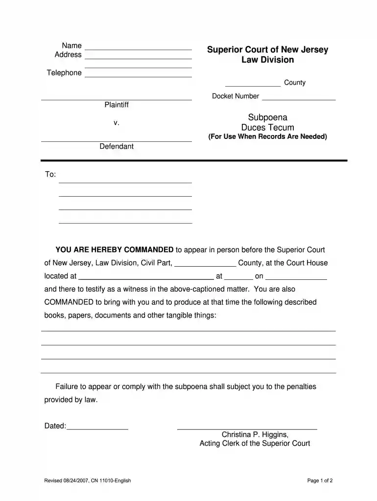 nj subpoena duces tecum Preview on Page 1