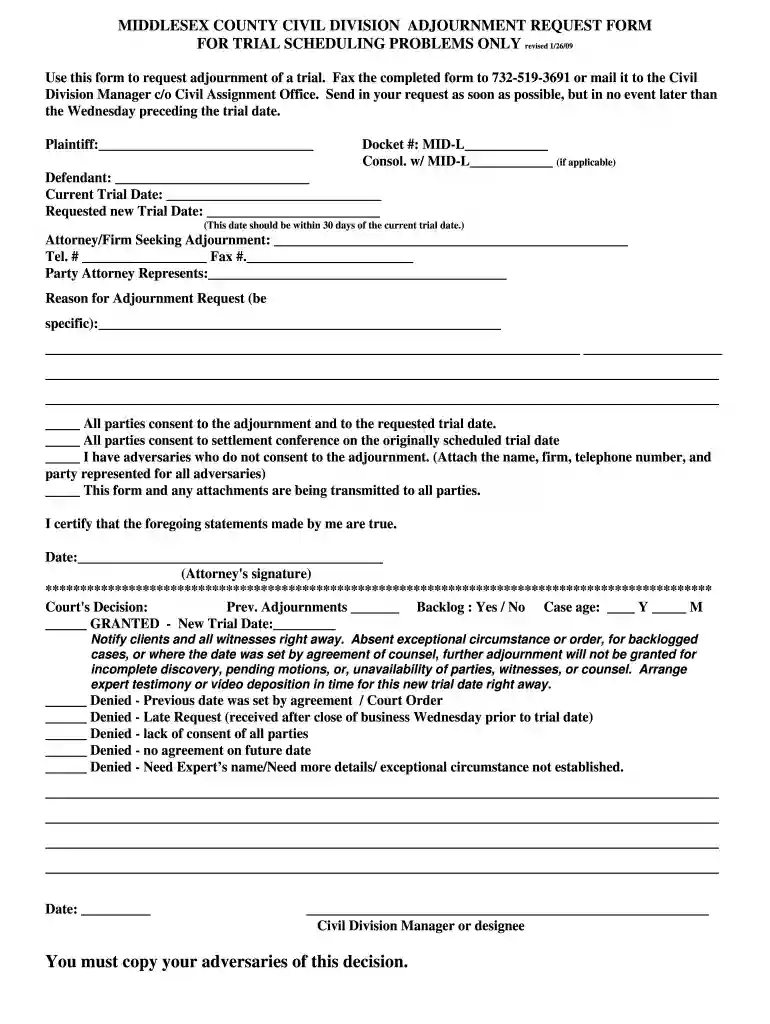 nj courts adjournment request form Preview on Page 1