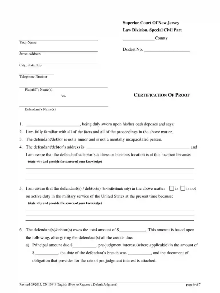request to enter default judgment nj form Preview on Page 1