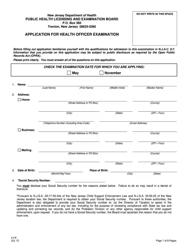 nj application health form Preview on Page 1