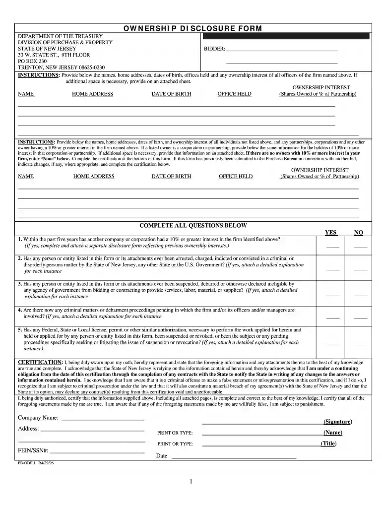 OWNERSHIP DISCLOSURE FORM - State of New Jersey - state nj Preview on Page 1