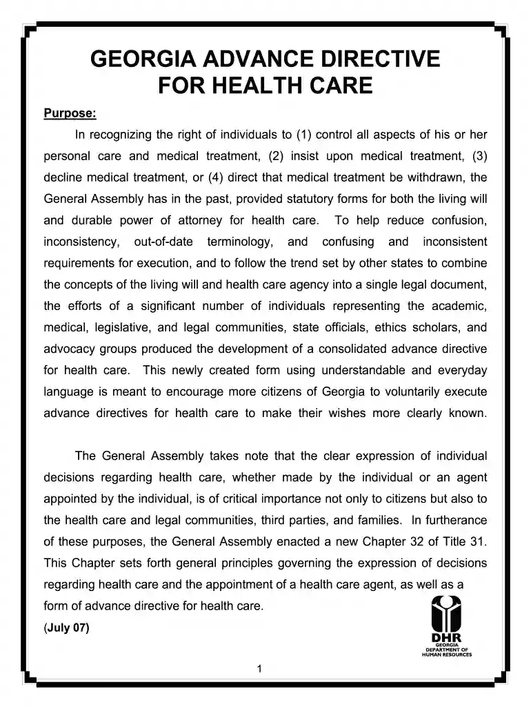 georgia advance directive for healthcare pdf 2007 form Preview on Page 1
