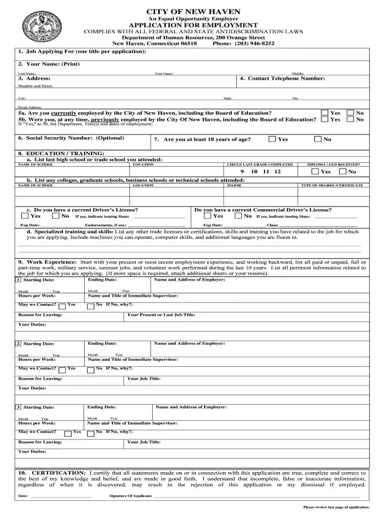 Job application - City of New Haven Preview on Page 1