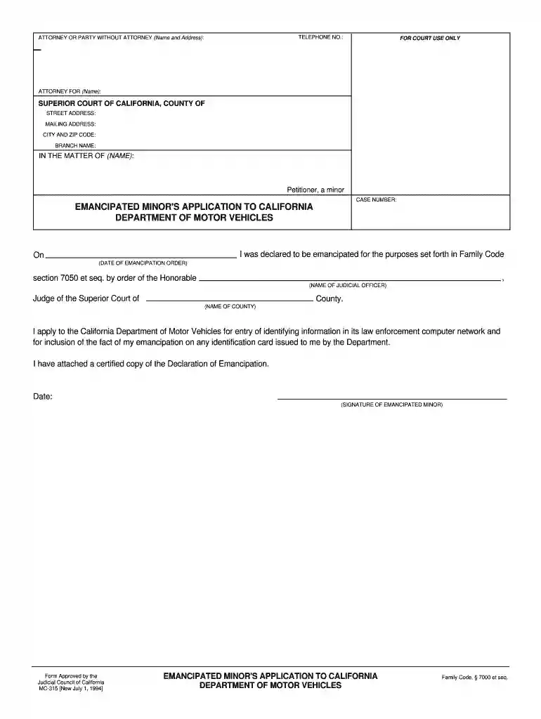 emancipated minor application Preview on Page 1