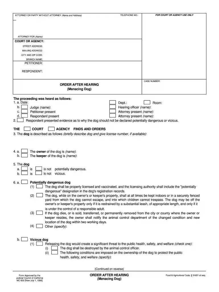 MC-602 ORDER AFTER HEARING (Menacing Dog). Judicial Council forms - courts ca Preview on Page 1