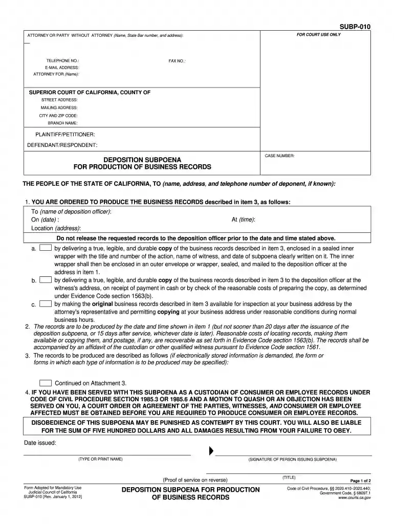 subpoena for records Preview on Page 1