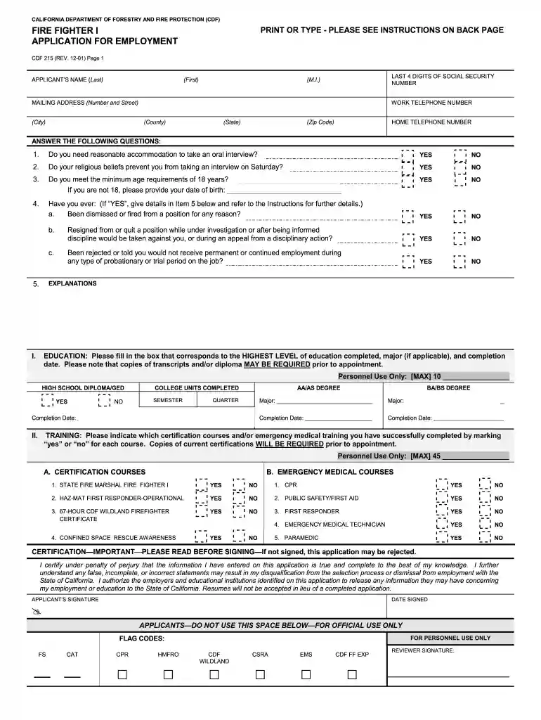 CAL FIRE 215. State Exam/Employ Application Preview on Page 1