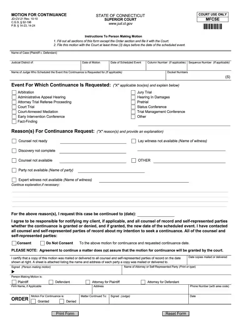 Form JD-CV-21 Motion For Continuance Preview on Page 1