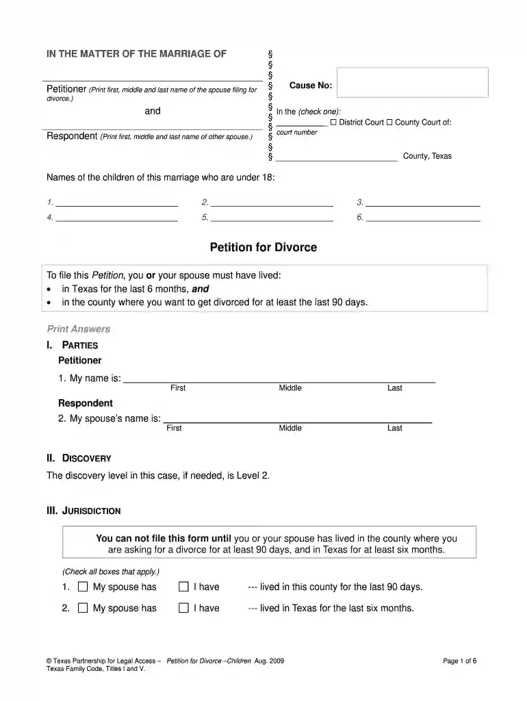 texas petition for divorce with child Preview on Page 1