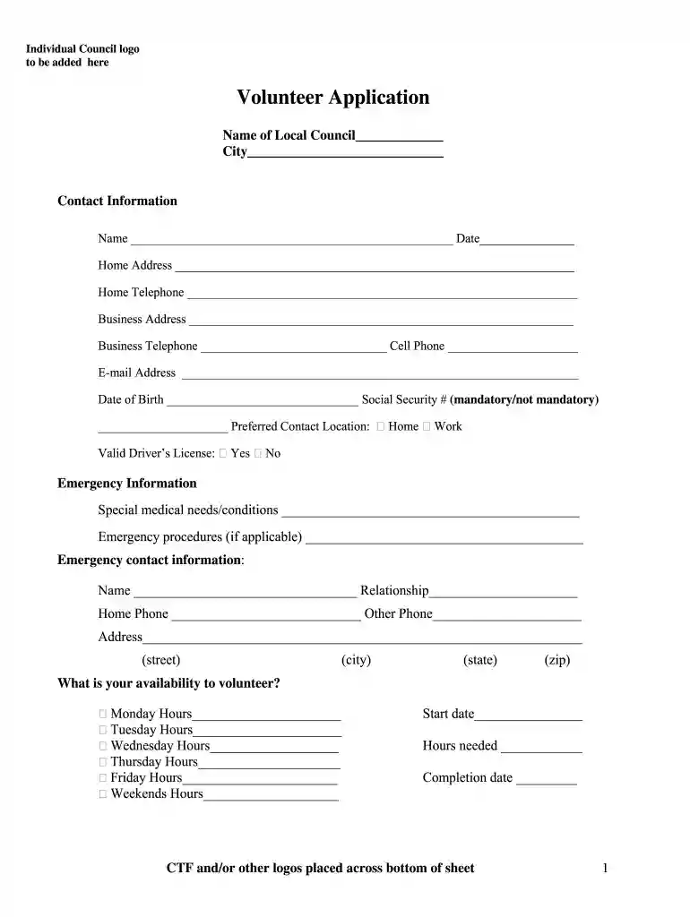 volunteer application form template word Preview on Page 1