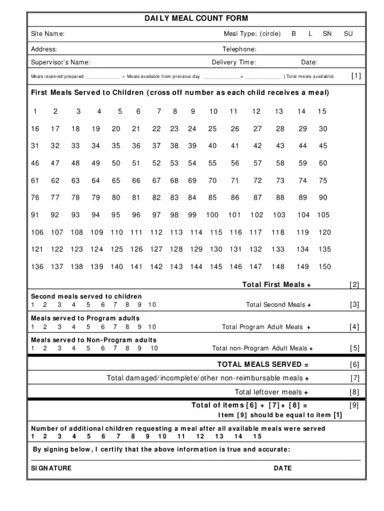 daily meal count form Preview on Page 1