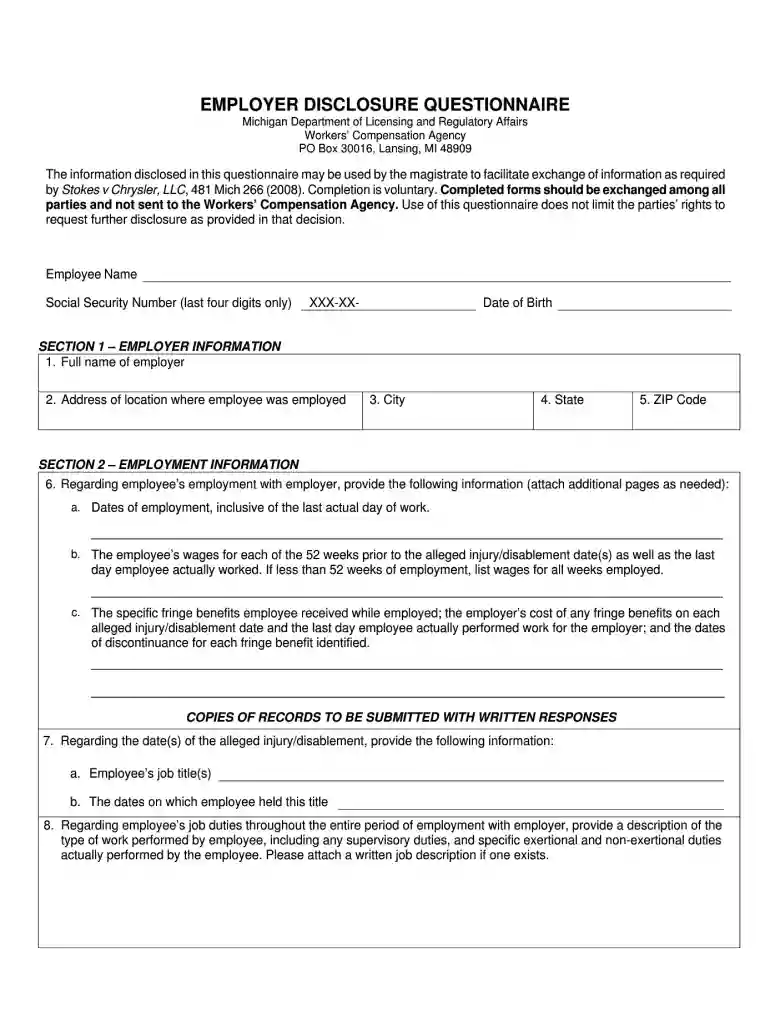 Employer Disclosure Questionnaire (fill - State of Michigan Preview on Page 1