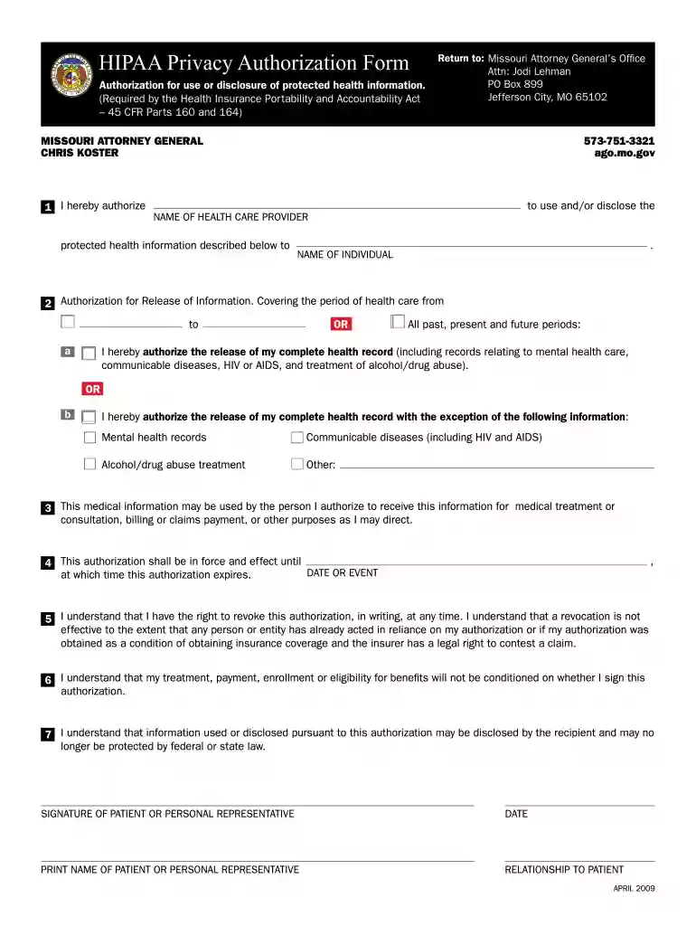 missouri hipaa authorization form Preview on Page 1