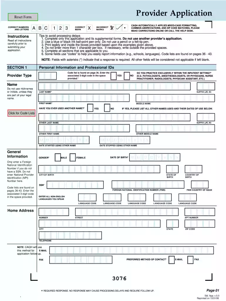 provider application form Preview on Page 1