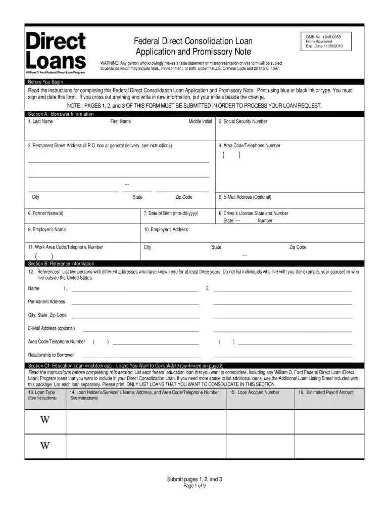 direct consolidation loan application and promissory note Preview on Page 1