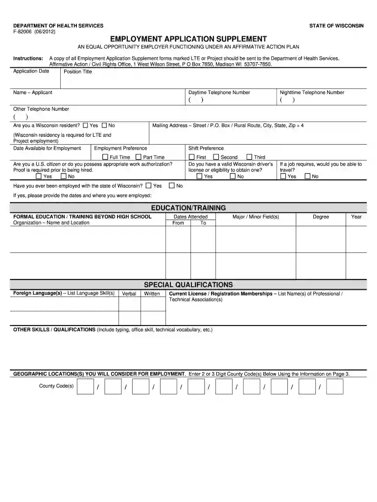 wi employment application 2012 form Preview on Page 1