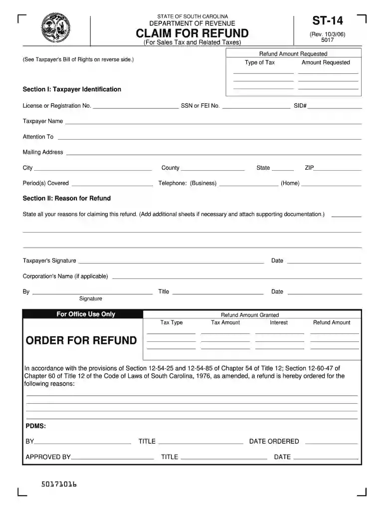 st 14 sc claim for refund 2006 form Preview on Page 1