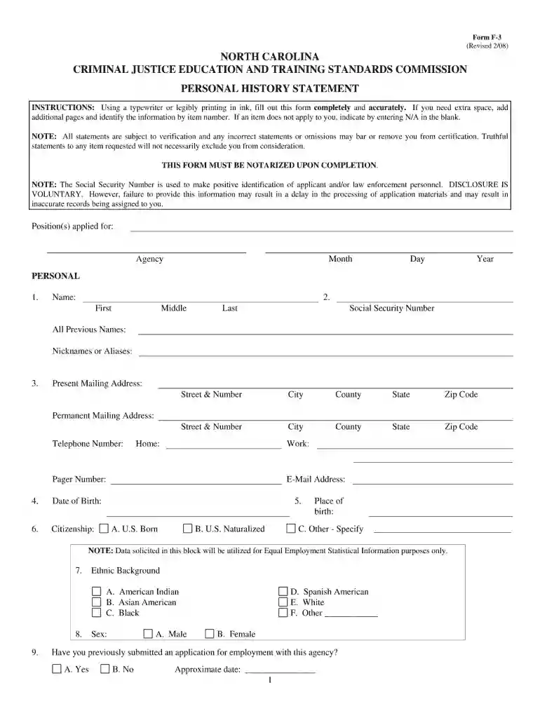 form f 3 personal history statement 2008 Preview on Page 1