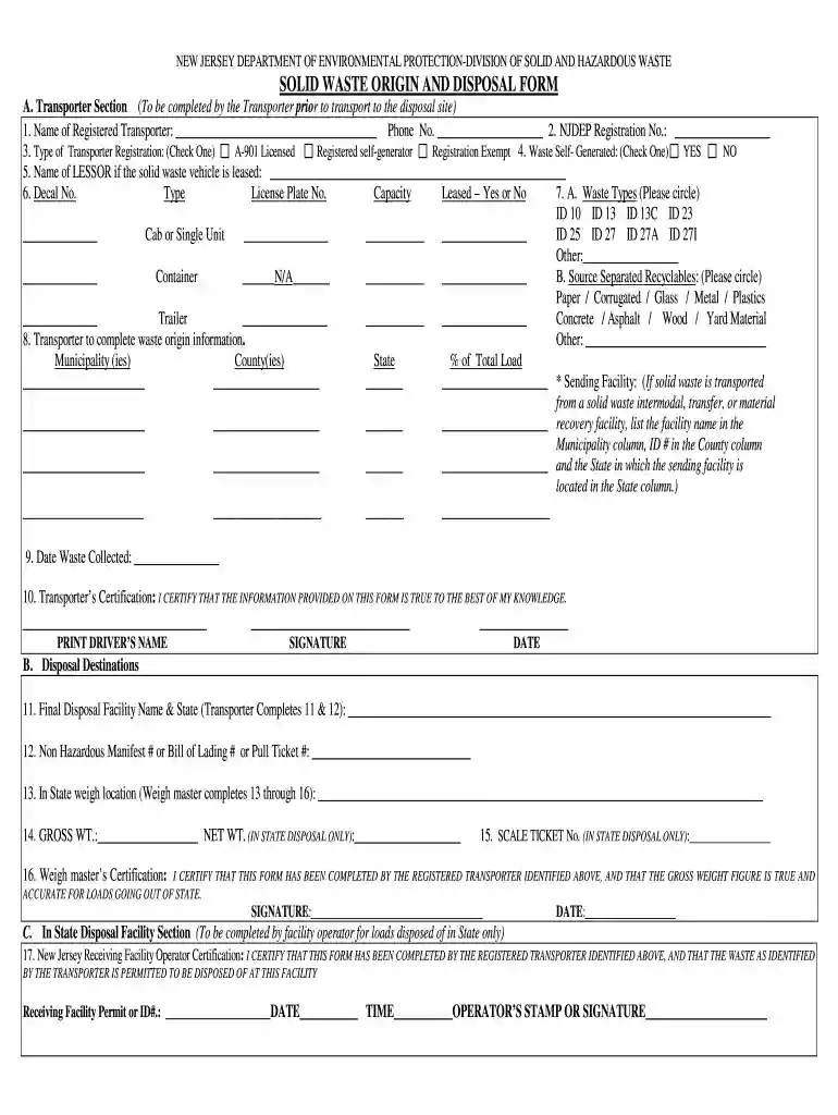 solid waste origin and disposal form Preview on Page 1